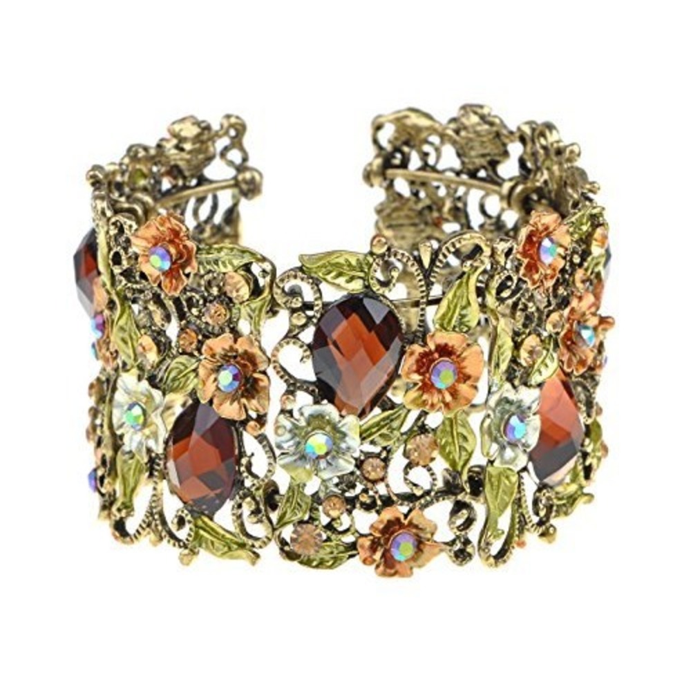 Vintage Style Amber‎ Crystal Floral Filigree Cuff Bracelet Antique Gold Tone